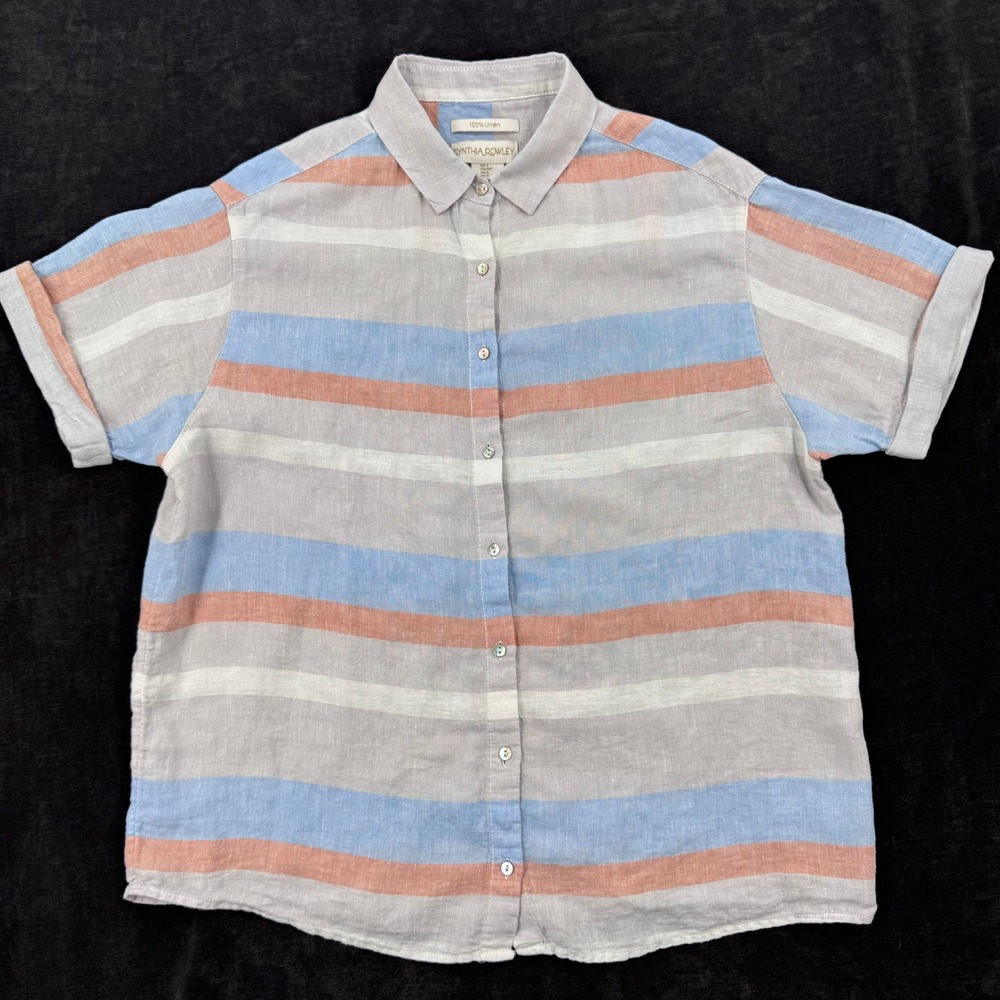 Cynthia Rowley Women Small Linen Short Sleeve Striped Button Down Coastal Shirt